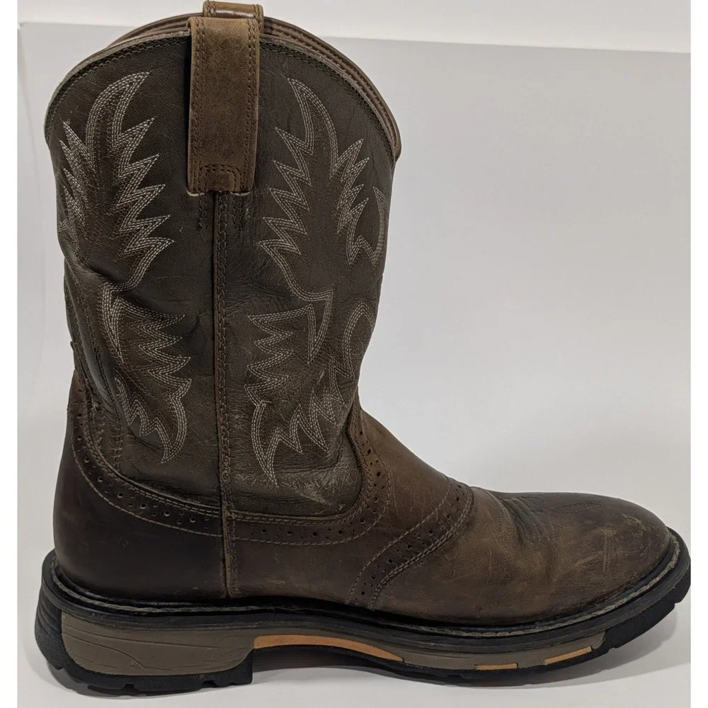 Ariat Men's WorkHog Pull-On soft toe Boots 11D Aged Bark Brown Leather 10001188